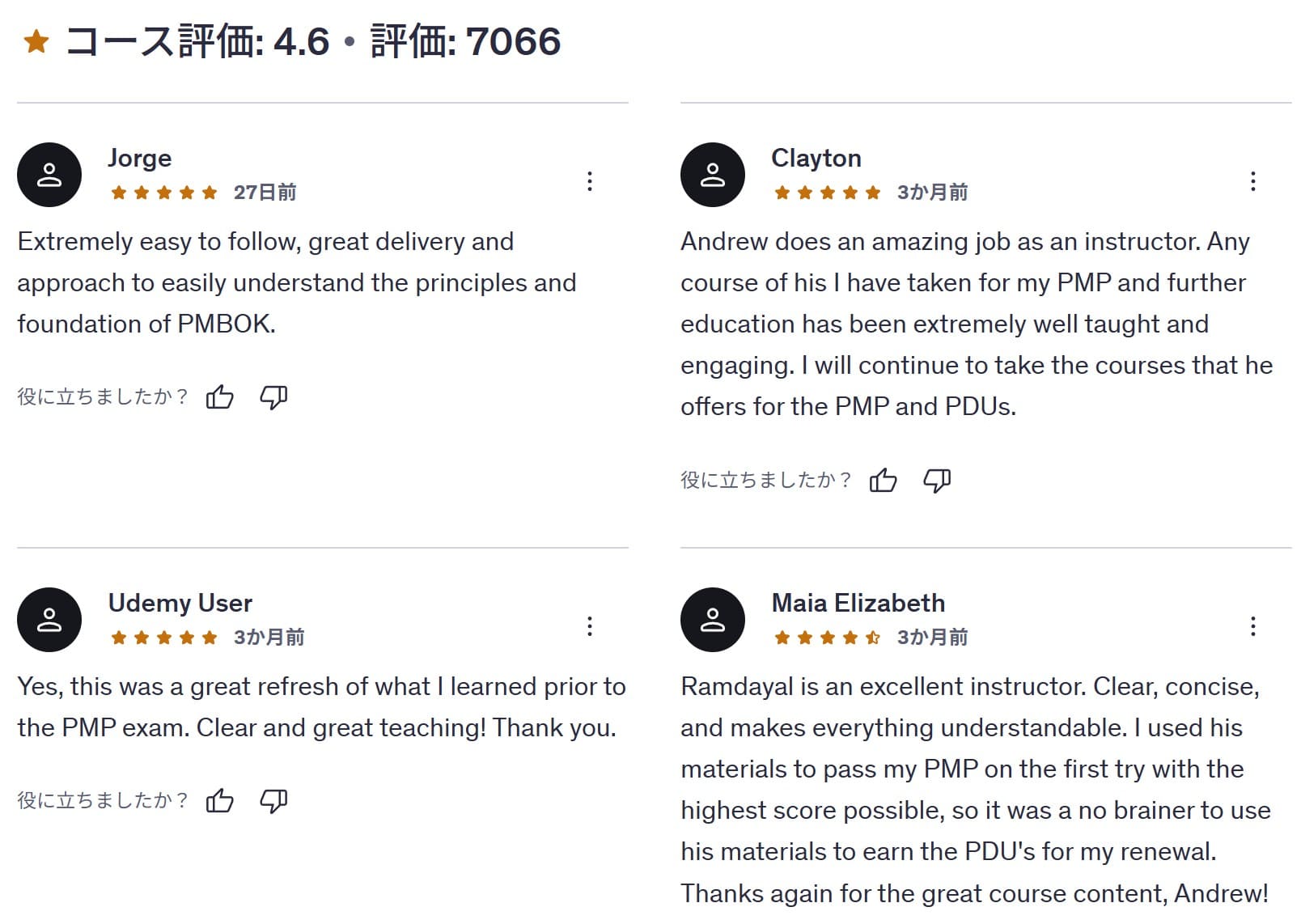 Udemy-PMBOK Guide 7th Edition Review 18 PDU's, Renew the PMP　レビューコメント