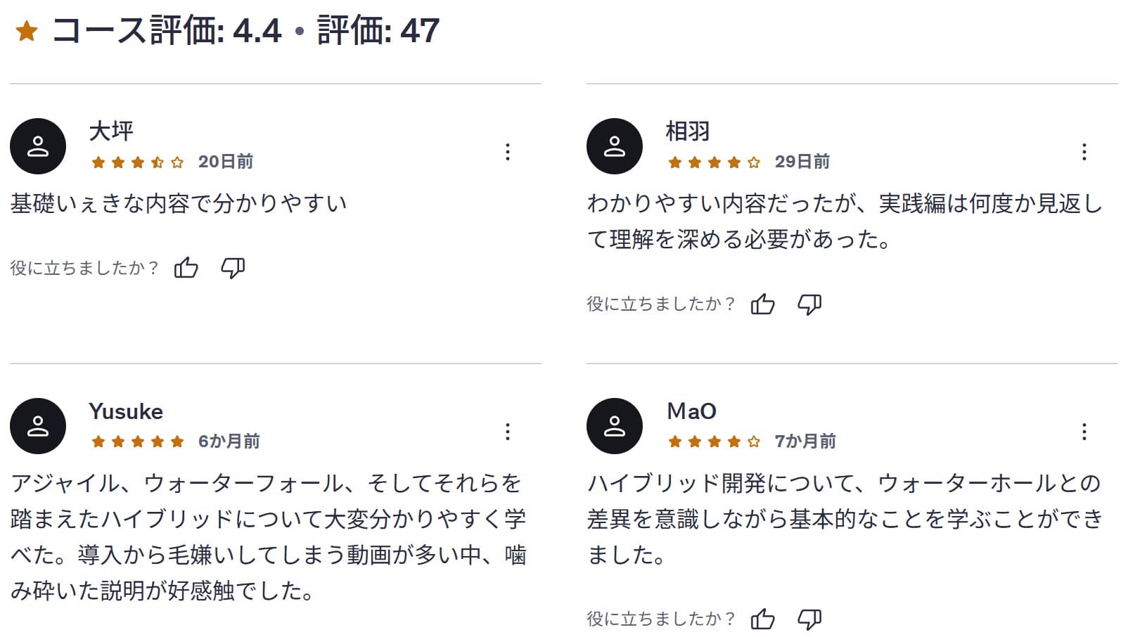 Udemy-ハイブリッド型開発手法~現場導入基礎~ ◆プロジェクトマネジメント講座 レビューコメント