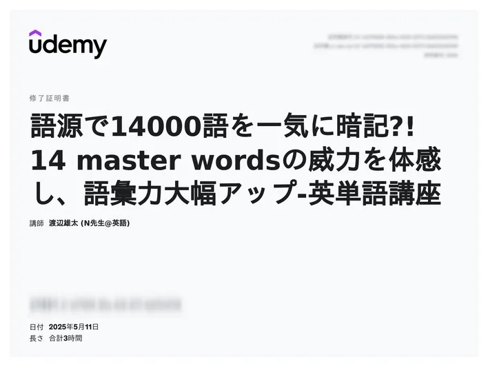 udemy修了証明書_語源で14000語を一気に暗記! 14 master wordsの威力を体感し、語彙力大幅アップ-英単語講座