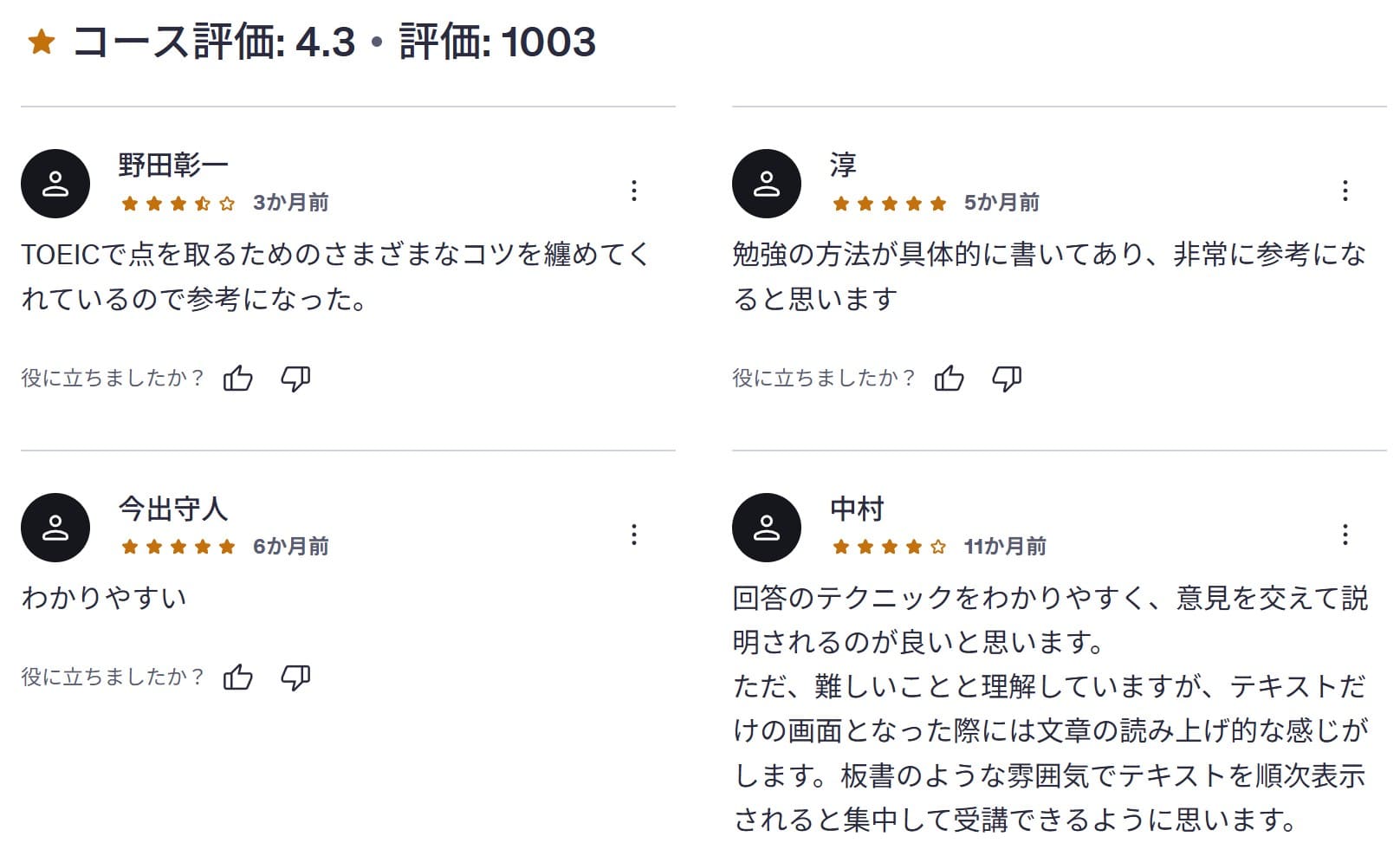 Udemy-9万回視聴！TOEIC940点者によるTOEIC攻略集中ゼミ　レビューコメント