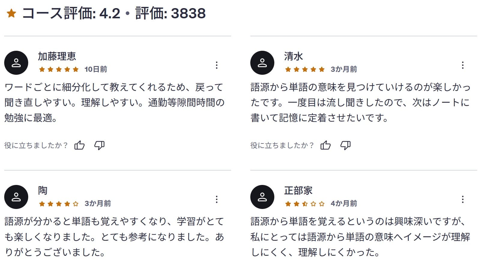 Udemy-語源で14000語を一気に暗記?! 14 master wordsの威力を体感し、語彙力大幅アップ-英単語講座　レビューコメント