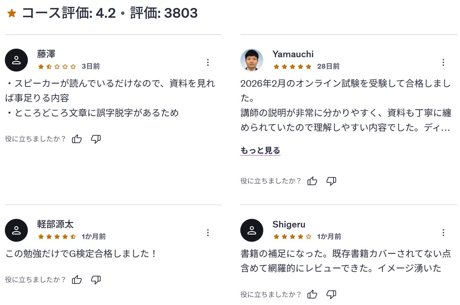 Udemy-【模擬試験2回付き】G検定 集中講義（最新シラバス対応）！体系的に網羅的に学ぶ（初心者向け）　レビューコメント