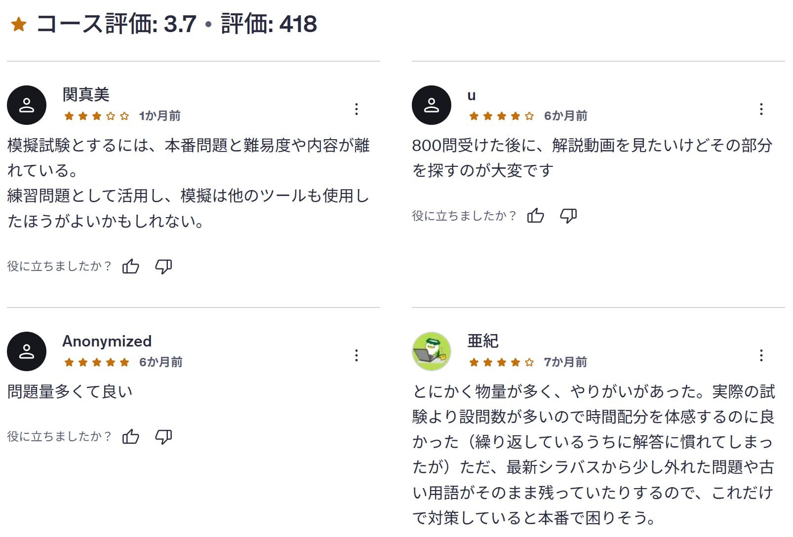 Udemy-【全1240問】G検定対策　模擬演習試験！重要度の高い問題を厳選（最新シラバス対応）【模擬試験6回分】　レビューコメント