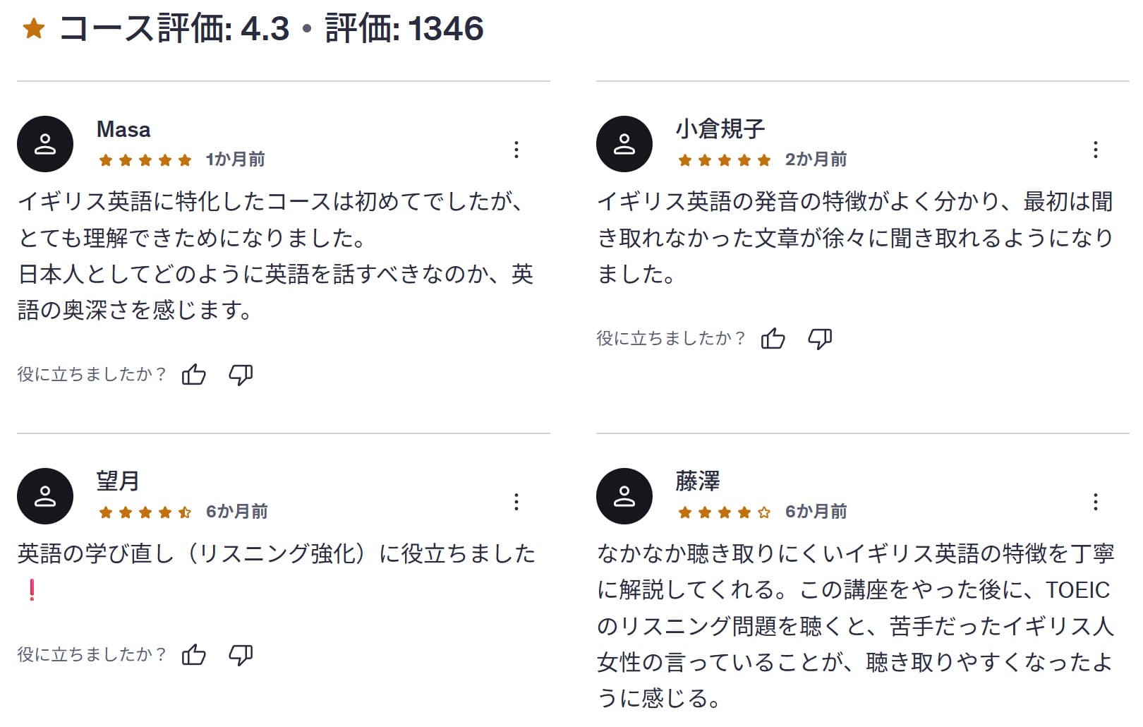 Udemy-【TOEIC®ここで差がつく！リスニング講座】聞き取りにくいイギリス英語発音を攻略 & PART2の難問で得点力アップ！　レビューコメント