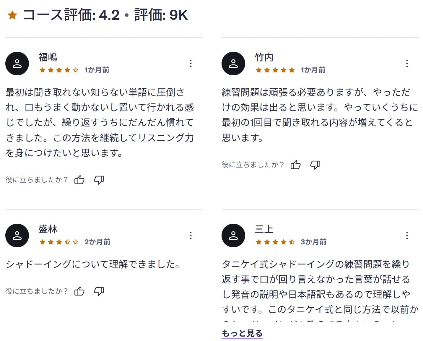 Udemy-TOEIC L&Rテスト・リスニング絶対攻略!3ヶ月で英語耳を作るタニケイ式シャドーイング レビューコメント