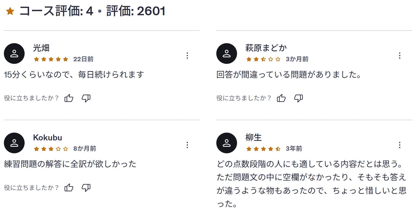 Udemy-【1日15分でTOEIC150点UP】カナダ留学TOEIC専門学校レッスン　レビューコメント