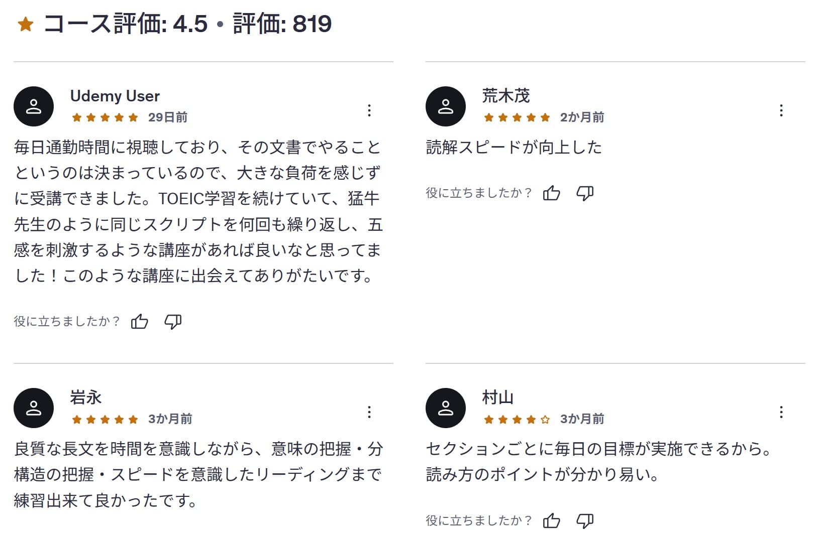 Udemy-【TOEIC®L&R 700点】3週間で英語のリーディング力を底上げする集中トレーニング　レビューコメント