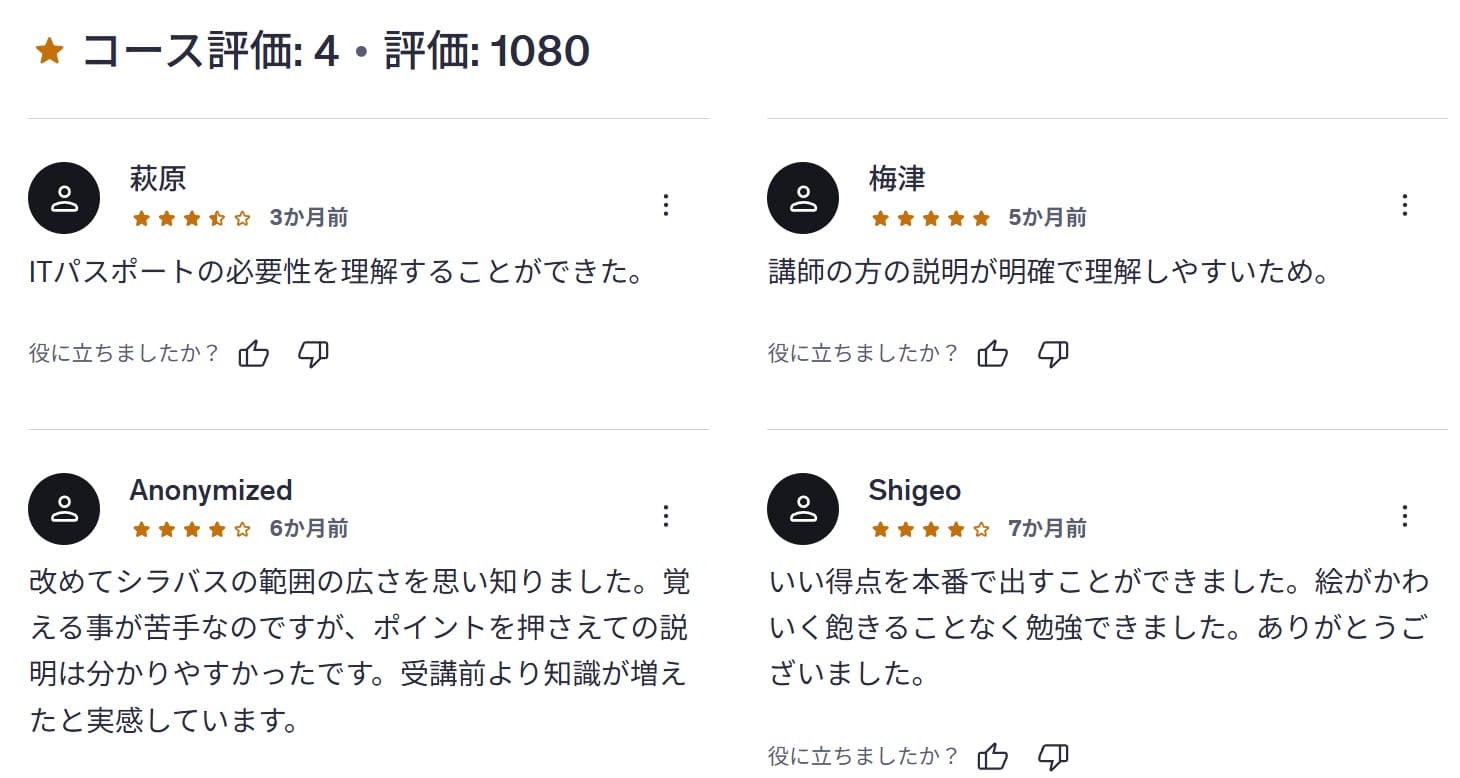 Udemy-【ITパスポート 8歳の子供を最年少合格に導いた講師の授業】令和4~7年度+合格の鍵となる用語集 レビューコメント
