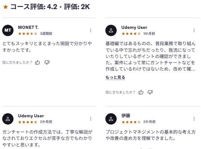 Udemy-【はじめてのプロジェクトリーダー】プロジェクトマネジメントの基本マスターコース(ガントチャート Excel テンプレ付) レビューコメント