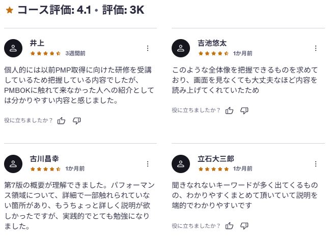 Udemy-【短時間で学ぶ】忙しい人のためのPMBOKⓇガイド第7版~概要編~ レビューコメント