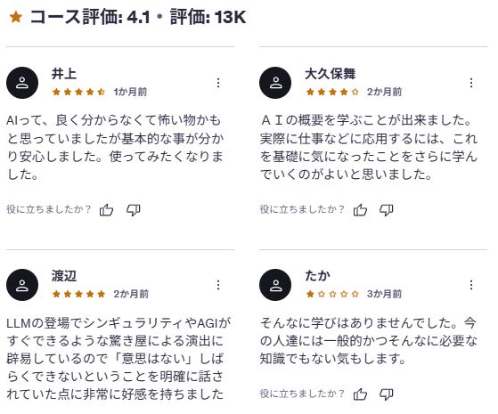 udemy-【短時間で学べる】専門用語を使わない「AI/人工知能」ビジネス活用講座【初級者向け】　レビューコメント