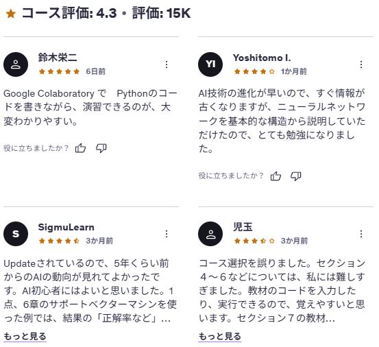 udemy-みんなのAI講座 ゼロからPythonで学ぶ人工知能と機械学習 【2025年最新版】　レビューコメント
