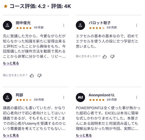 udemy-【Word + PowerPoint + Excel】0から「Office使えます!」と言えるようになる講座-レビューコメント