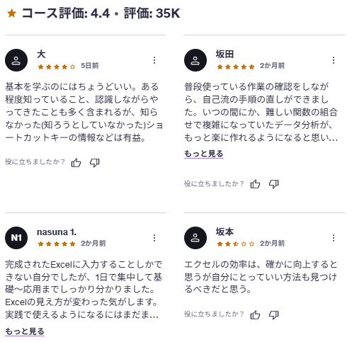 udemy-【初心者から上級者まで】1日で学べるエクセルの教科書 マスターコース-レビューコメント