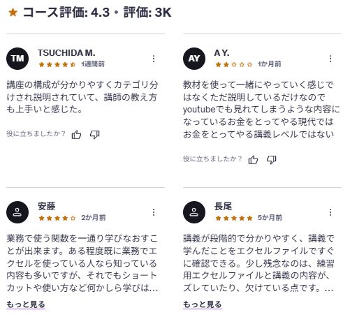 udemy-【ビジネスデータ集計を極める】エクセル関数マスターコース-レビューコメント