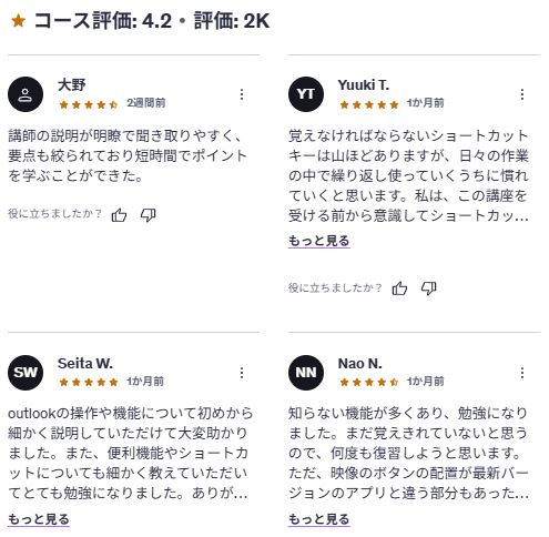 udemy-【 初心者から上級者まで 】1日で学べる Outlook の教科書マスターコース-レビューコメント
