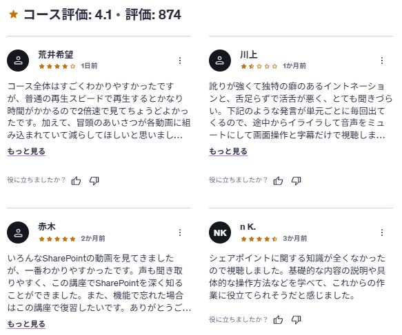 udemy-【初心者向け】SharePoint Online(シェアポイント)の基礎を短期間で学んで社内ポータルサイトを作成しよう!-レビューコメント