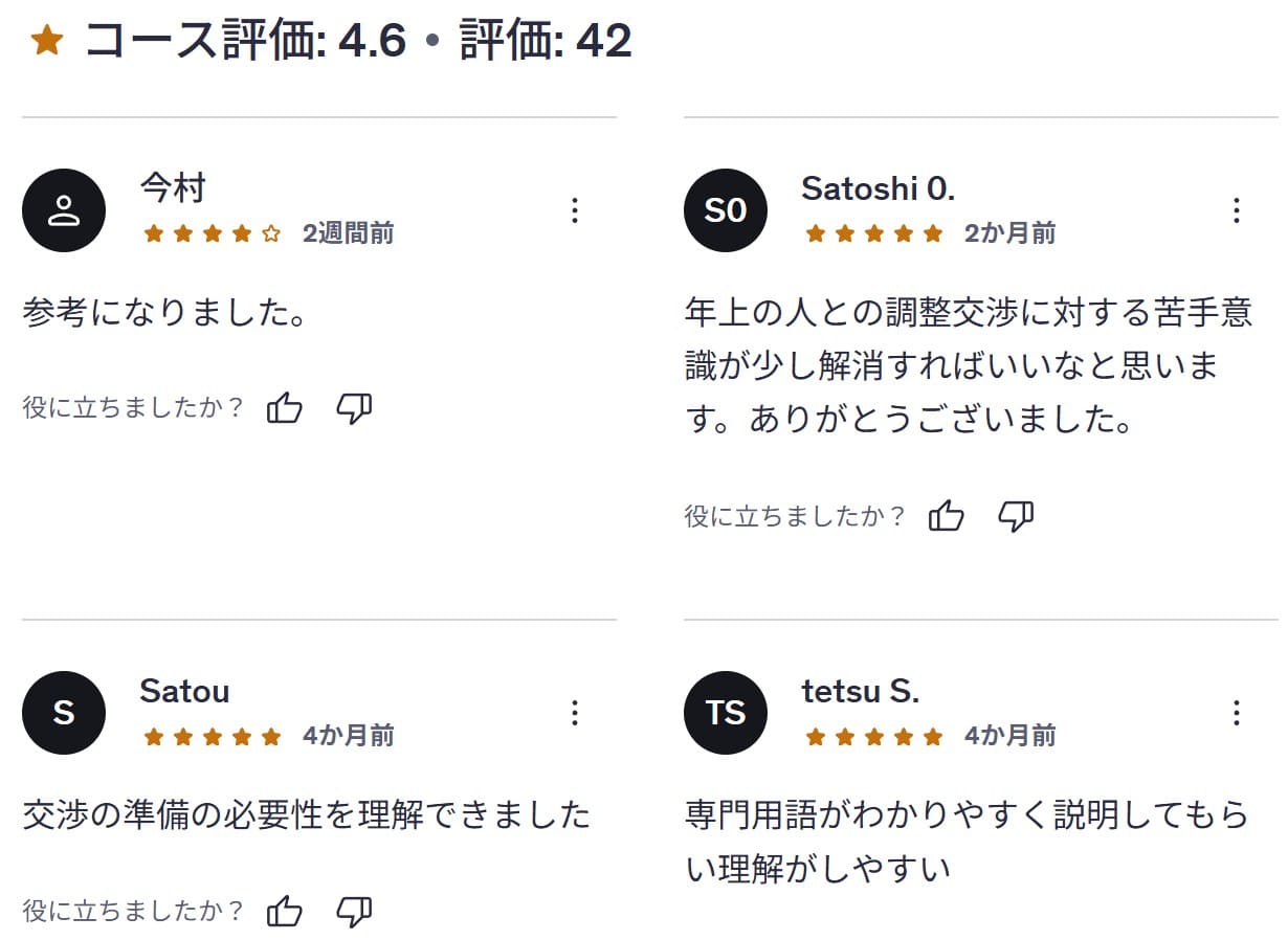 udemy-［超入門］交渉が苦手な人のための「交渉術の基本」　YESを勝ち取るためのシンプルな思考法-レビューコメント