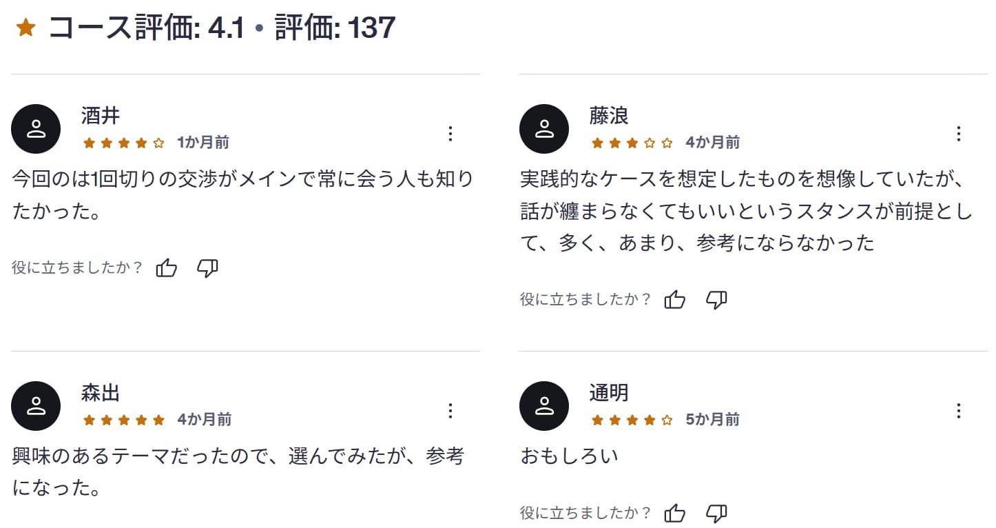 udemy-【世界80万人が受講】カモにされない交渉心理学：気弱でも勝てる交渉ハック＆戦略バイブル実践講座(日本語吹替)-レビューコメント