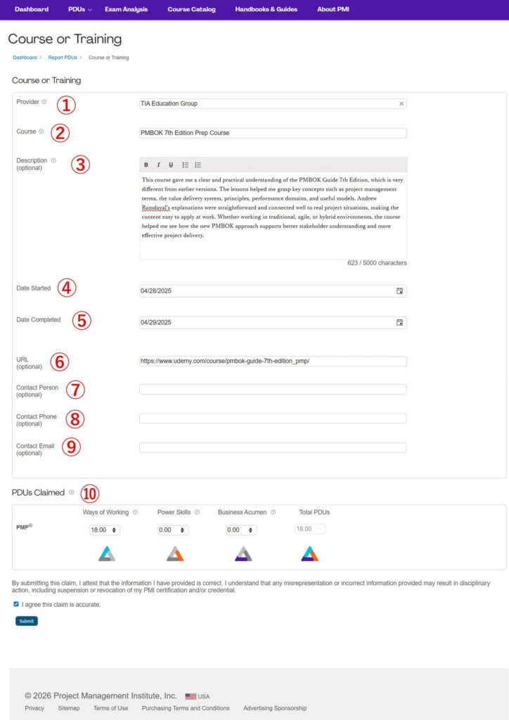 myPMI Report PDUs コースまたはトレーニング申請フォーム
