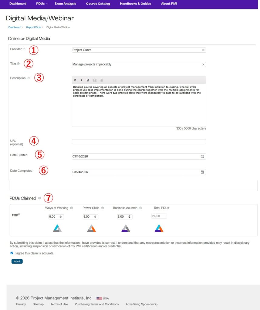 myPMI Report PDUs オンラインまたはデジタルメディア申請フォーム