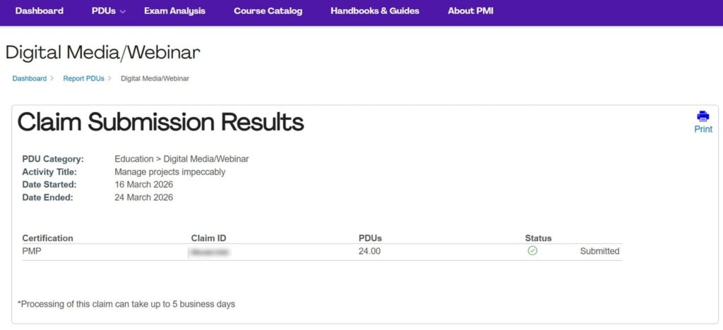 myPMI PDU申請結果(オンラインまたはデジタルメディア)