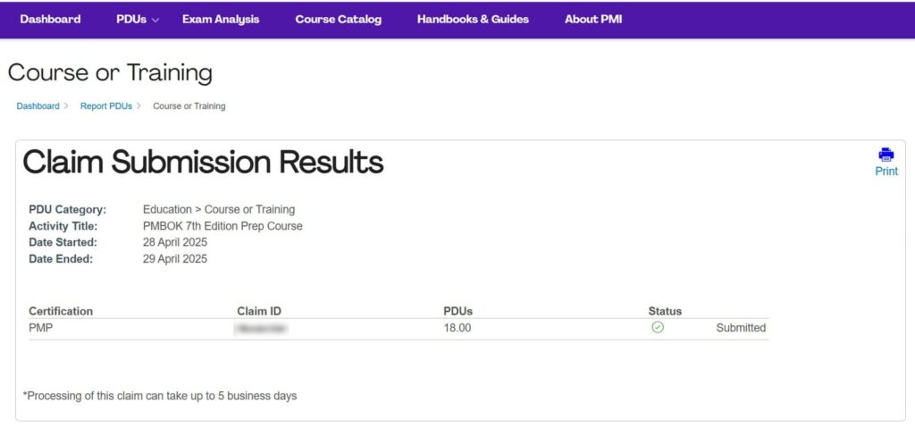 myPMI PDU申請結果(コースまたはトレーニング)