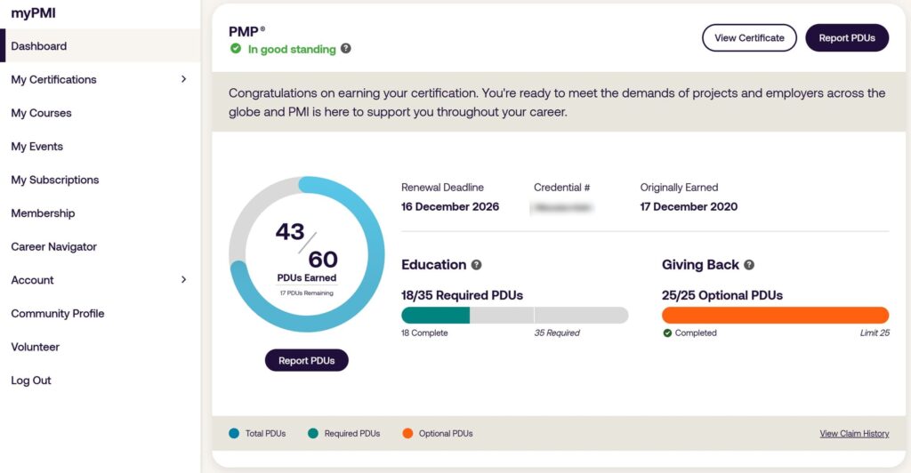 myPMI ダッシュボード(PDU申請後)